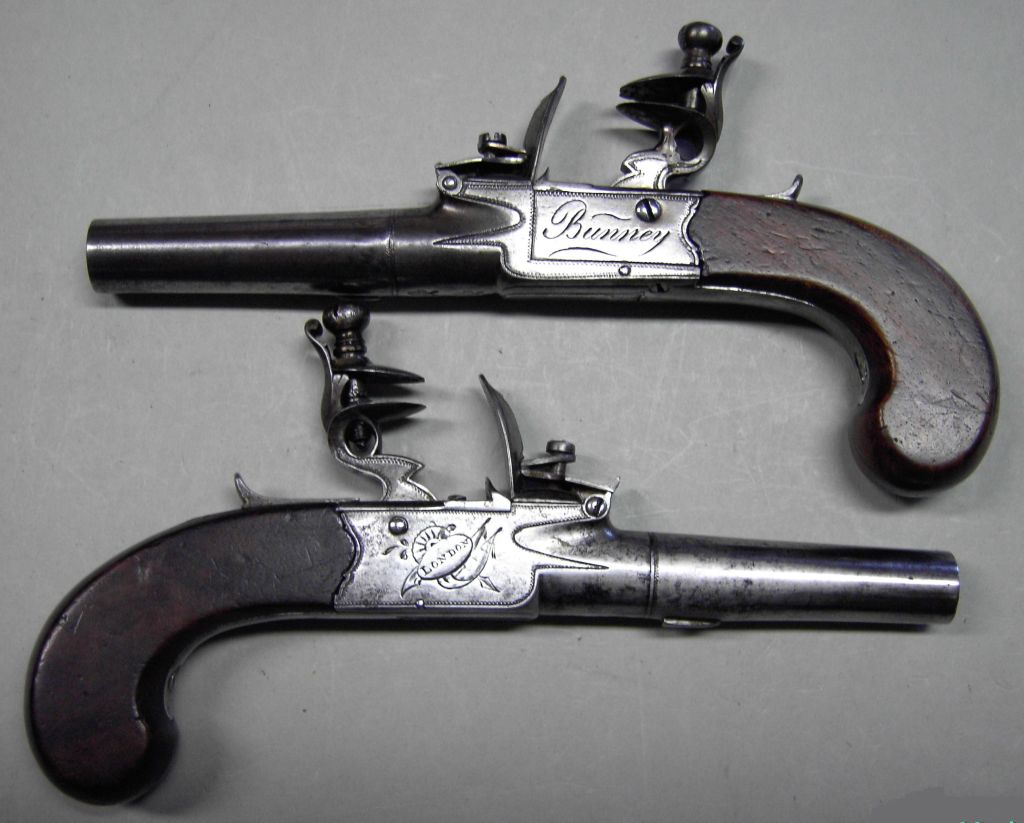 England, Paar Boxlock-Taschenpistolen von Joseph BUNNEY in London, um 1780